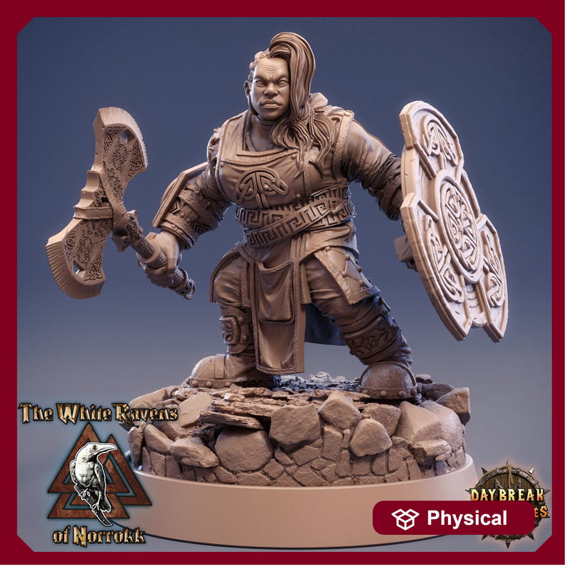Female Dwarf Fighter | Dungeons and Dragons | 28mm,32mm,54mm, 75mm, 100mm Scales | Pathfinder Mini for Painting | Daybreak Miniatures - Only-Games