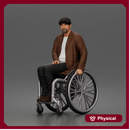 old man sitting calmly in a wheelchair, wearing a coat and a casual outfit