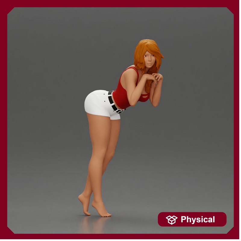 Confident Girl in Red Top and White Shorts, Posing Playfully