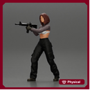 Armed girl going to shoot a gun in a bra with short hair