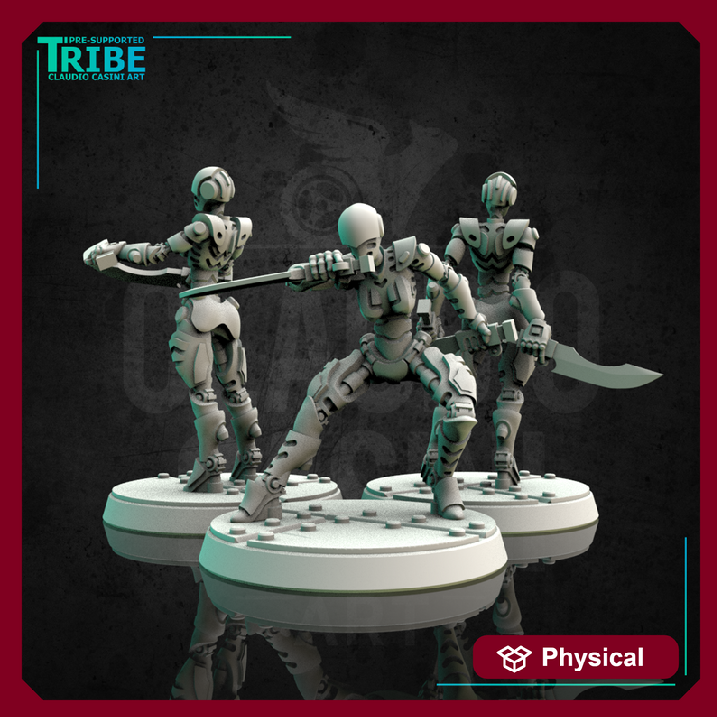 (0118) Female android robot cyborg ninja assassin sci-fi with knives three pose