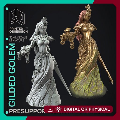 Guilded Golem - Flesh of Gold -  PRESUPPORTED - Illustrated and Stats - 32mm scale - Only-Games
