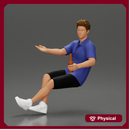 Man in shorts sitting explaining and holding a drink