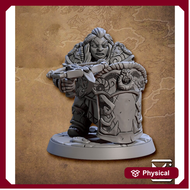 Female Dwarf Fighter Cleric with Crossbow & Tower Shield | 28mm, 32mm, 54mm, 75mm Scale Miniature | Dungeons and Dragons | Artisan Guild - Only-Games