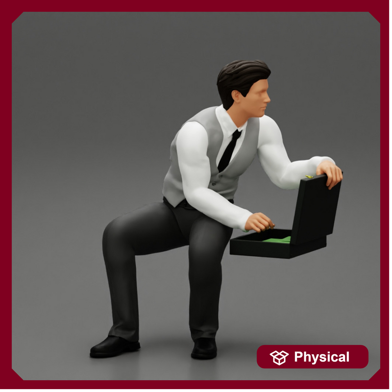 young businessman sitting and holding briefcase of money