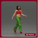 Woman Confidently Walks Forward in Stylish Green and Red Outfit