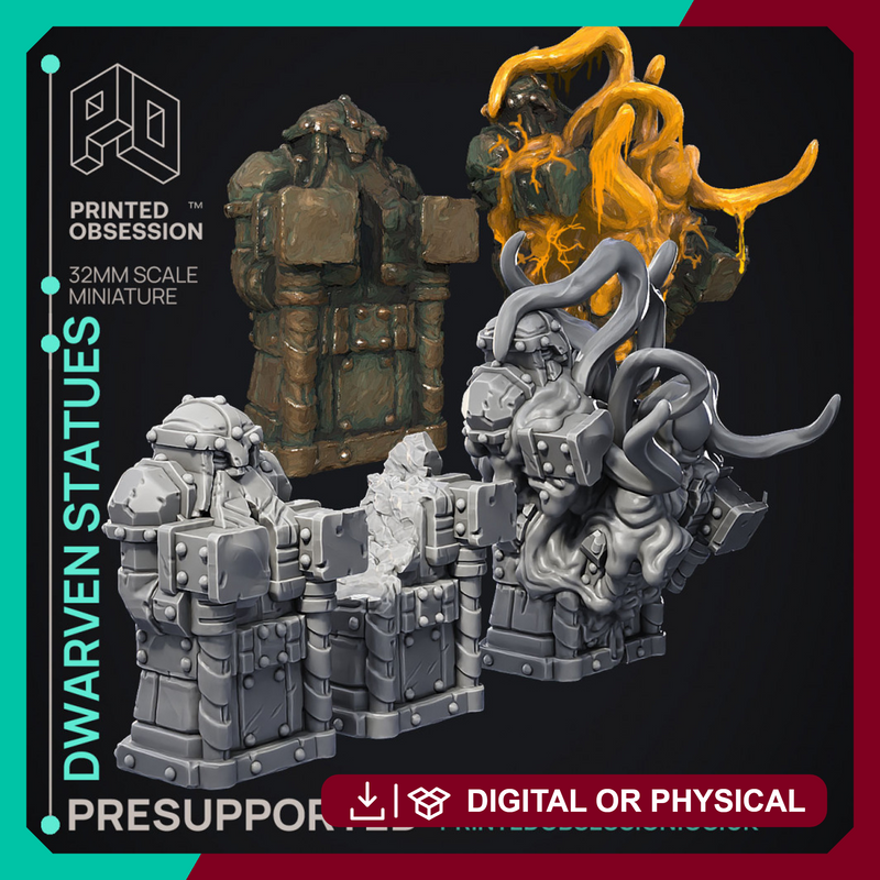 Dwarven Statues - Hidden Mimic - Scrap Wastes -  PRESUPPORTED - Illustrated and Stats - 32mm scale