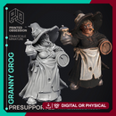 Granny Grog - Black Witch -  PRESUPPORTED - Illustrated and Stats - 32mm scale