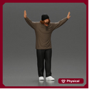 Man wearing hoodie and beanie raises hands looking happy in relaxed stance