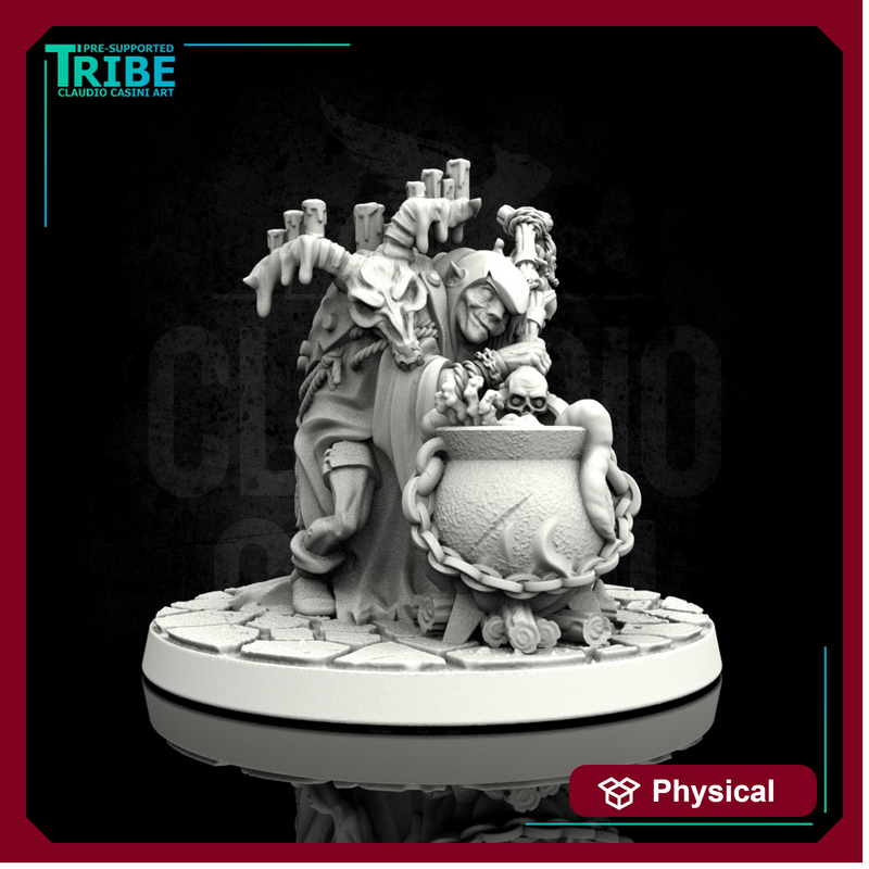 (0121) Female horror human, firbolg, half-orc, tiefling old witch with cauldron