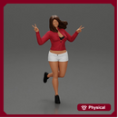 happy girl in a mini jacket and shorts, jumping on one leg