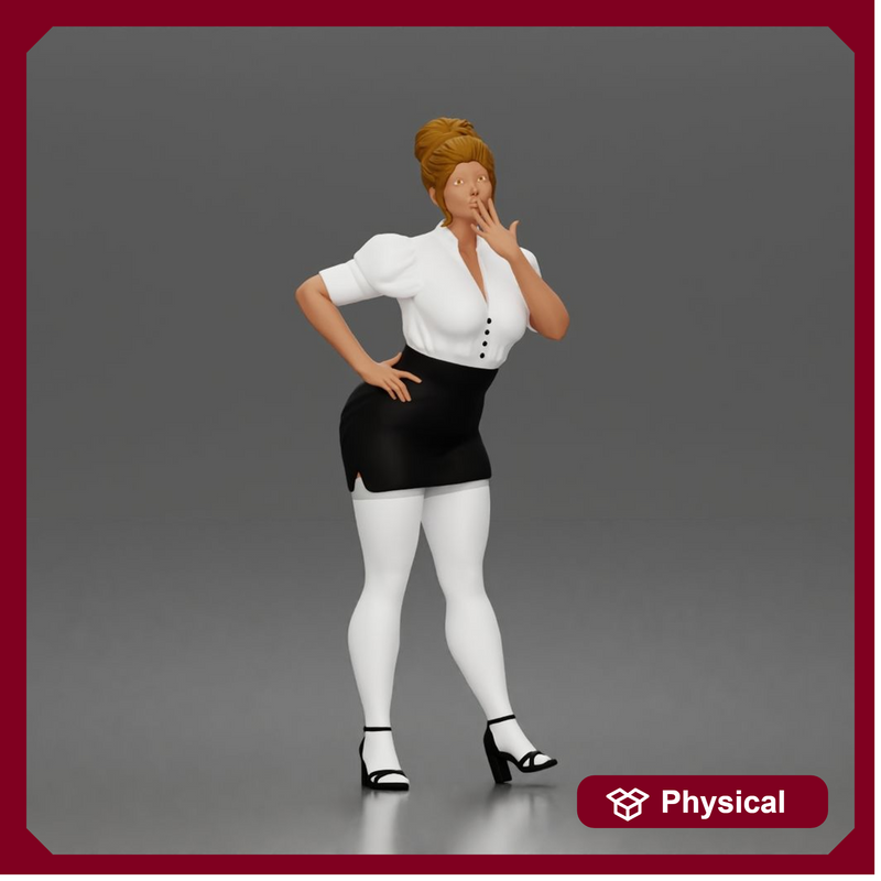 Secretary blows kiss wearing buttoned blouse pencil skirt stockings heels