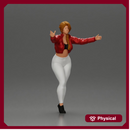Confident woman in red jacket white leggings striking a pose