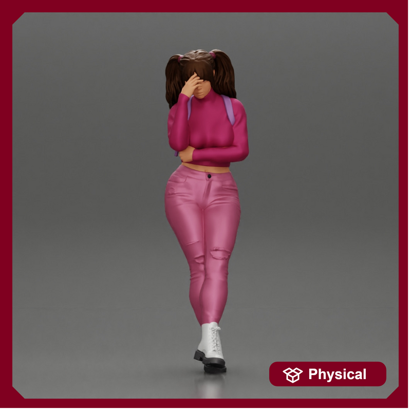 Tearful girl standing in jeans and mini shirt expressing deep sorrow with pigtails - Only-Games