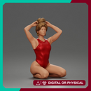 Kneeling Hands On Head Poser in Bodysuit and Hoop Earrings
