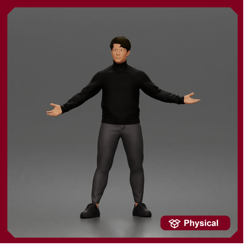 Casual presenter man character open arms pose in turtleneck sweater outfit
