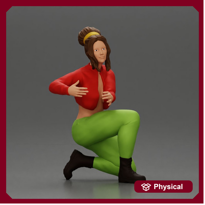 Fashionable woman kneeling in red jacket, green pants, and black boots