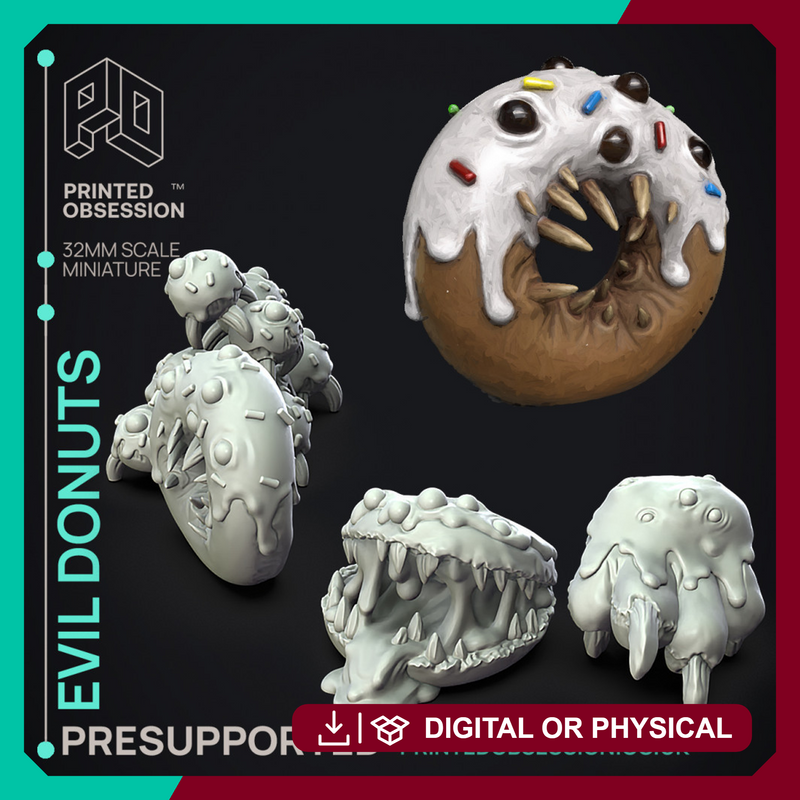 Donut Monsters - 4 Baked Monsters -  PRESUPPORTED - Illustrated and Stats - 32mm scale