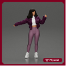 sexy girl in an open jacket and pants, posing happily