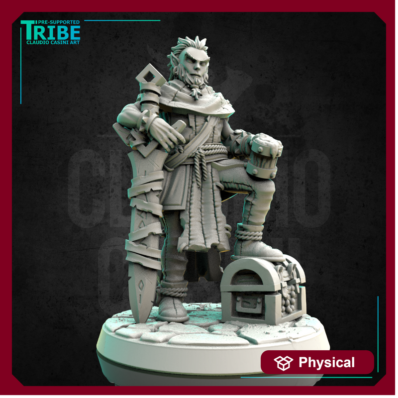 (0207) Male human tiefling firbolg half-orc elf brigand warrior with a sword