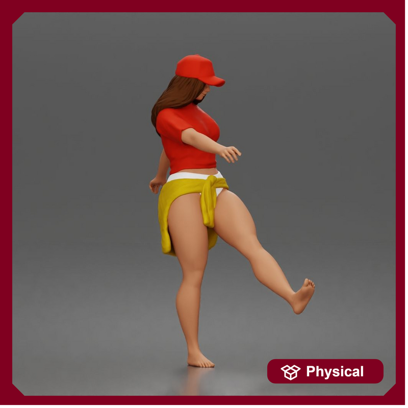 Surfer woman practices balancing in her shirt cap and skirt