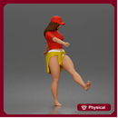 Surfer woman practices balancing in her shirt cap and skirt