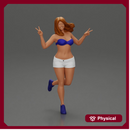 happy girl in a bra  and shorts, jumping on one leg
