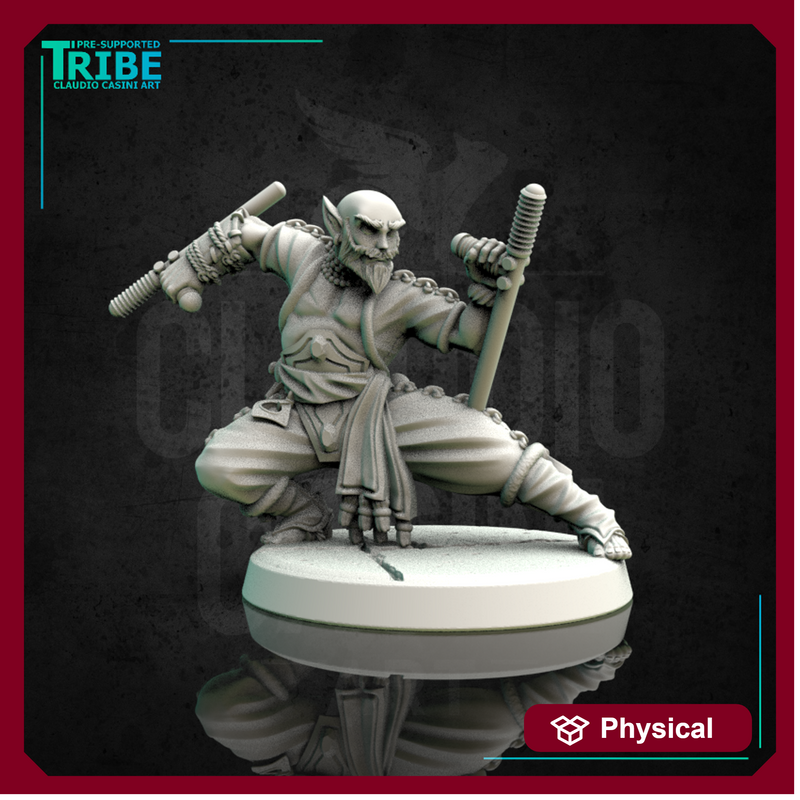 (0162) Male human tiefling half-orc firbolg elf monk with sticks