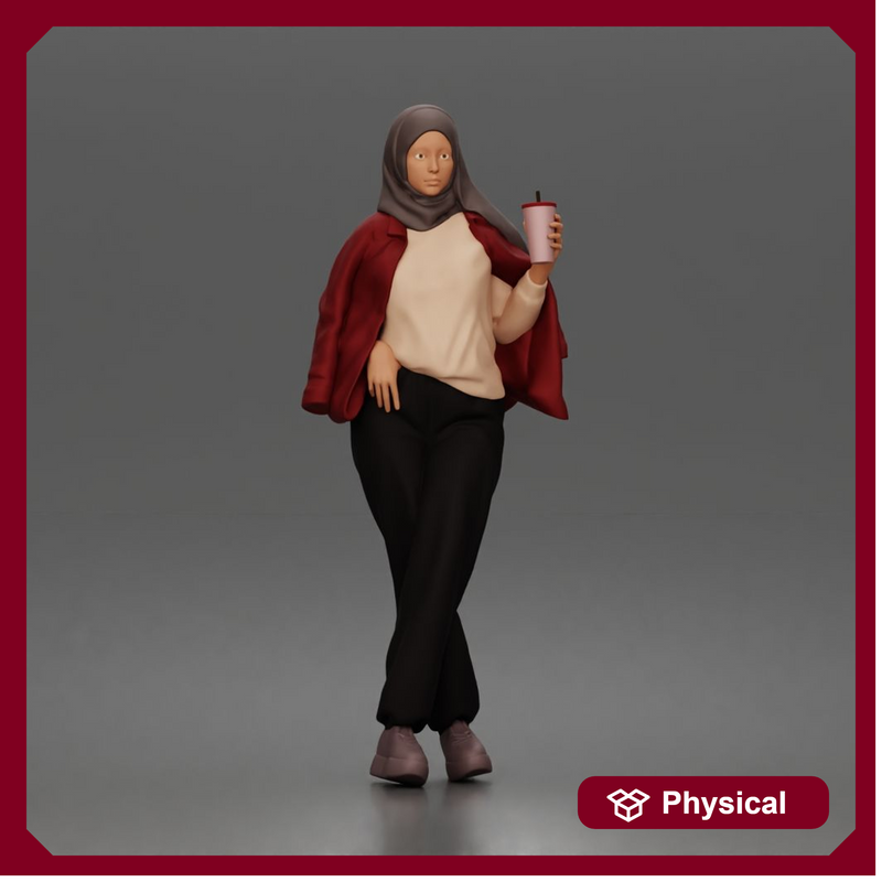 hijabi woman sipping takeaway drink in modern casual streetwear style