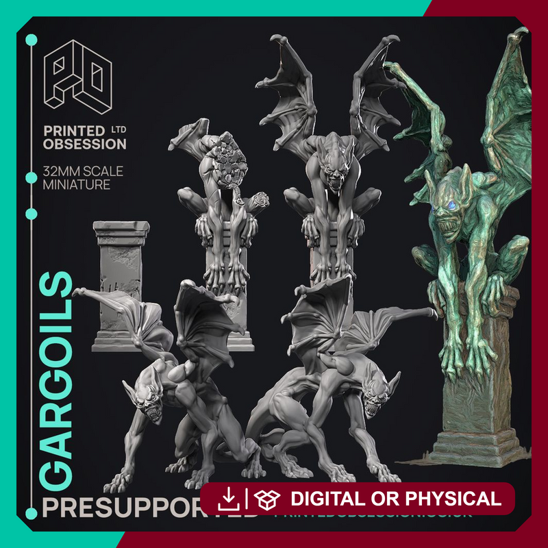 Gargoils - 5 Models - Halloween -  PRESUPPORTED - Illustrated and Stats - 32mm scale