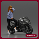 Young woman in  shirt with long hair posing with one foot resting on the motorcycle