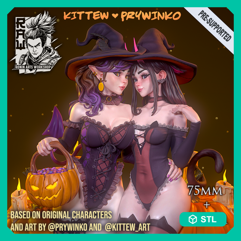 Prywinko and Kittew - Halloween Witches Pin-Up - STL only - Only-Games