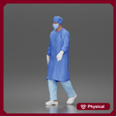Surgeon walks down corridor wearing surgical gown face mask protective gloves