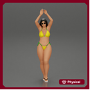 beautiful woman in a bikini with sunglasses standing with her arms raised up on the beach