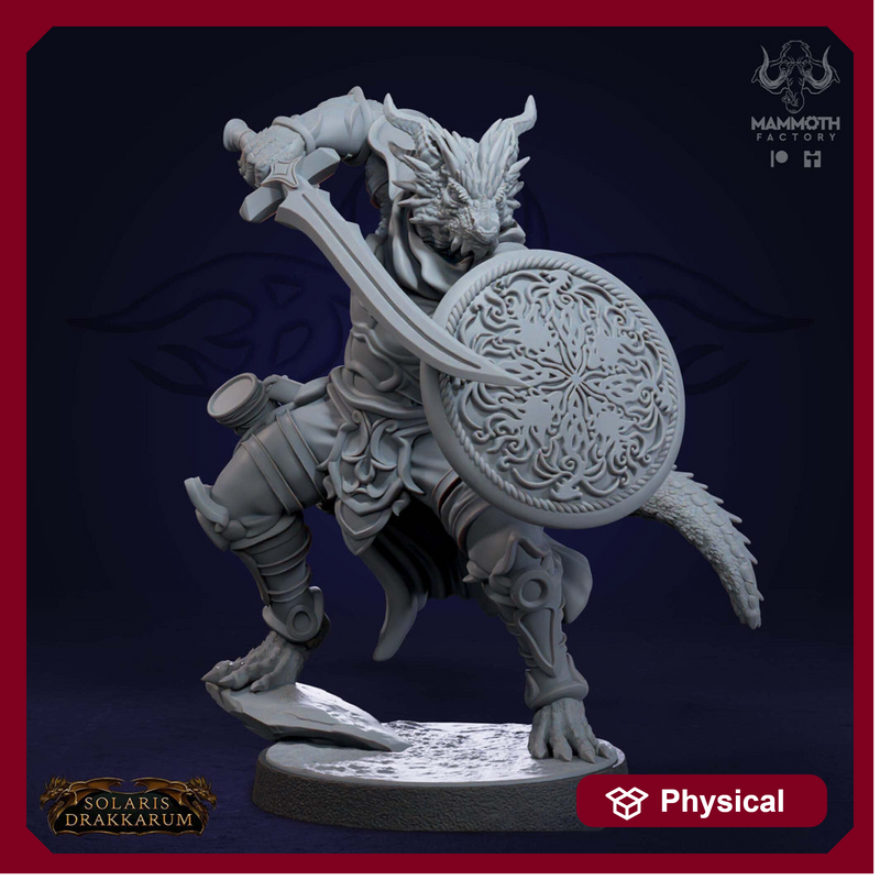 Dragonborn Fighter Sword n Shield  | 28mm,32mm,54mm,75mm,100mm Scale Resin Mini | Dungeons and Dragons D&D 5e | Pathfinder | Mammoth Factory - Only-Games