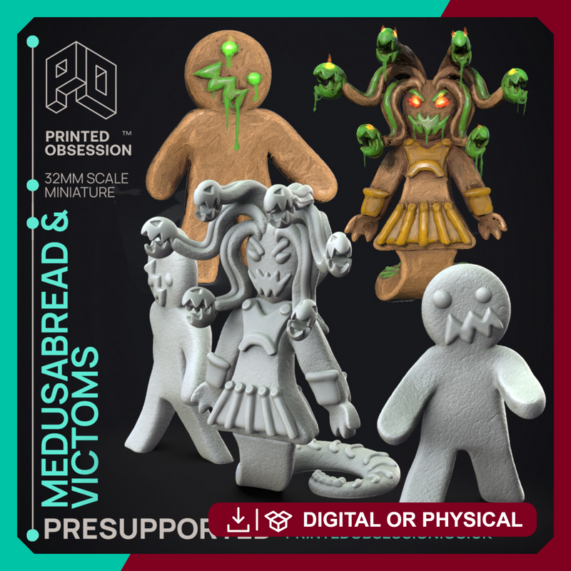 Gingerbread Medusa & Victoms - 3 Models -  PRESUPPORTED - Illustrated and Stats - 32mm scale