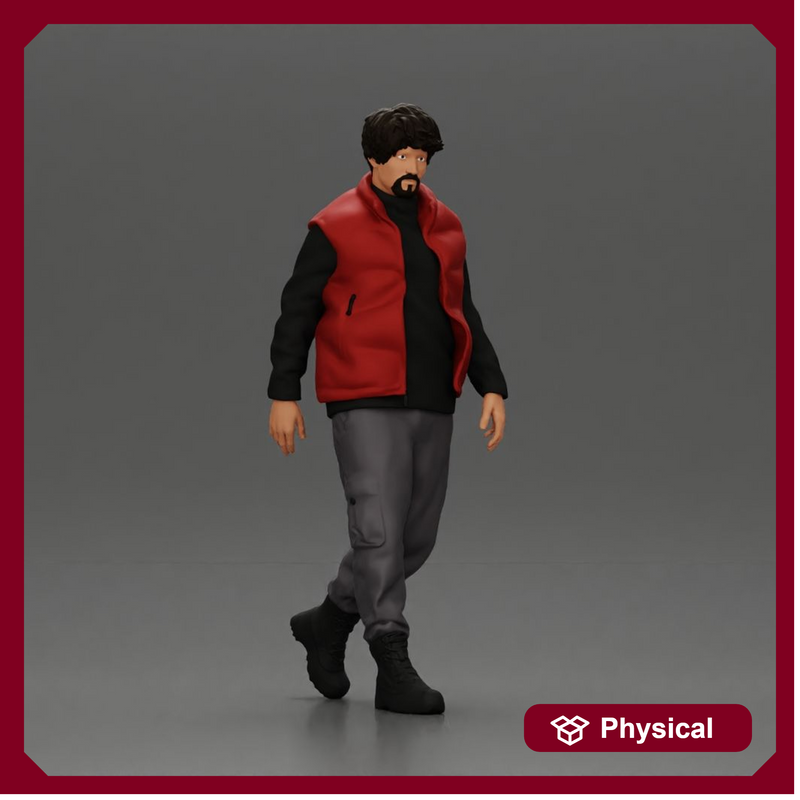 bearded man walking wearing red vest black sweater gray pants black boots