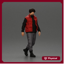 bearded man walking wearing red vest black sweater gray pants black boots
