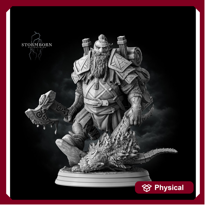 Dwarf Fighter Dragon Hunter (Baby dragon :) ) PC / NPC | 28mm,32mm,54mm,75mm,100mm Scales | Player Character Mini D&D 5e Pathfinder Figurine - Only-Games