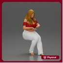 Blonde woman in red top white pants sitting applies hand cream
