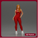 woman in red bodysuit striking a fashionable pose with sneakers