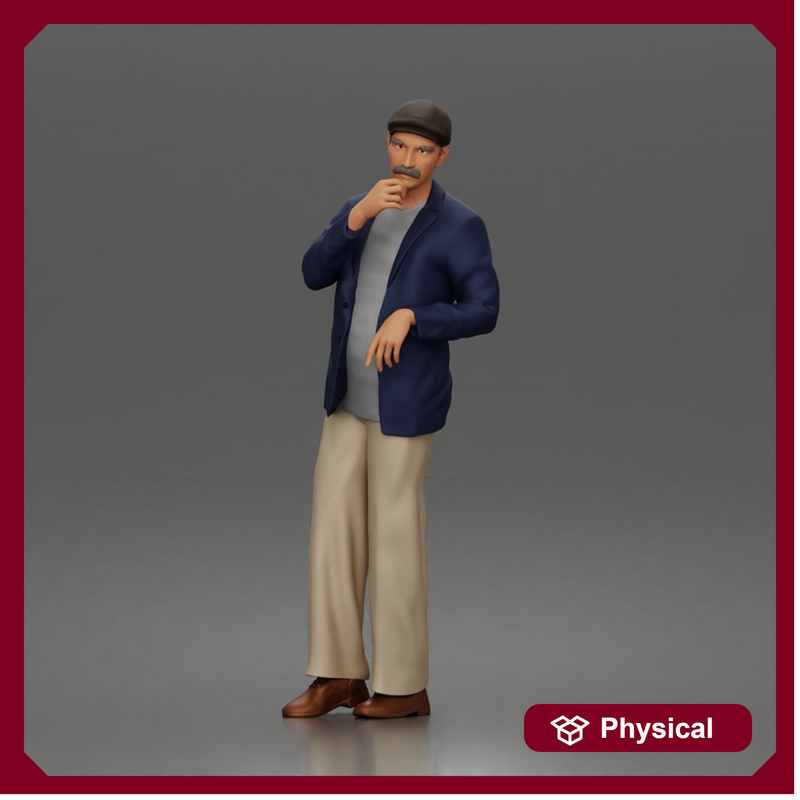 Pensive gentleman twirls mustache wearing cap blazer relaxed trousers polished shoes