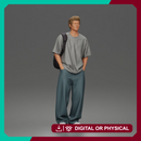 Student standing with backpack wearing oversized tee and baggy jeans