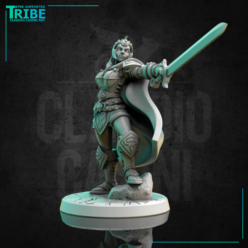 (0267) Female human elf tiefling firbolg half-orc paladin warrior commander with a cape complete armor and sword - Only-Games