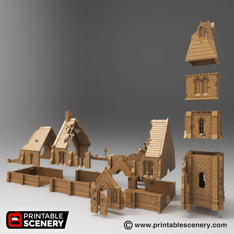 Ruined Medieval Church - Time Warp - Printable Scenery Wargaming Terrain Scatter D&D, DnD - Only-Games