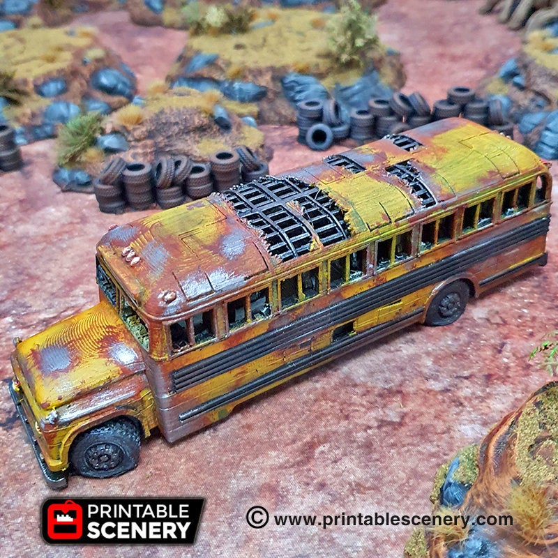 Abandoned School Bus - 15mm 28mm 20mm 32mm Brave New Worlds Wasteworld Gaslands Terrain Scatter D&D DnD - Only-Games
