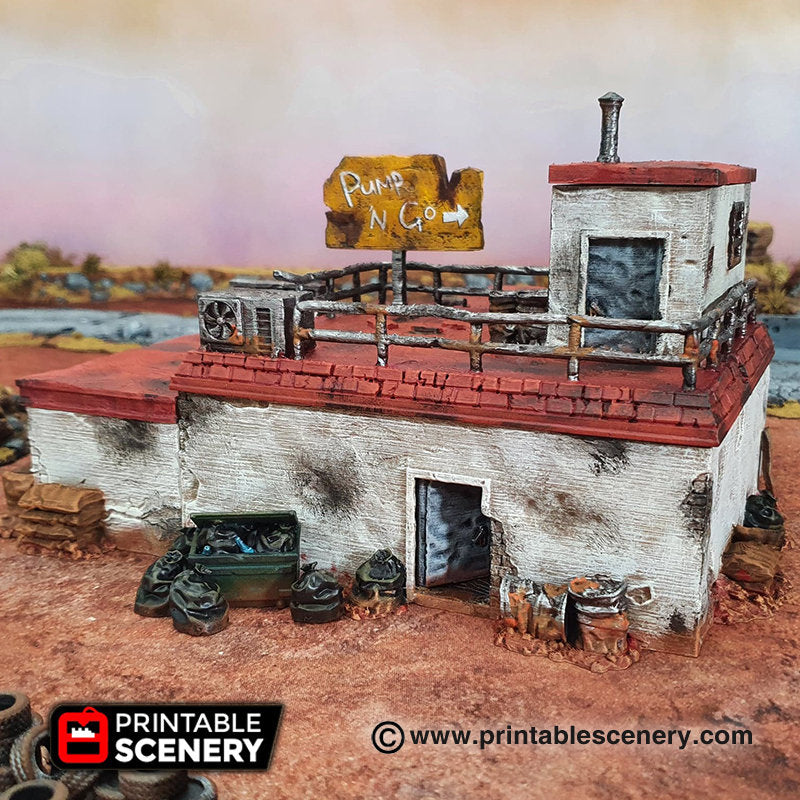 Derelict Gas Station - Brave New Worlds - Printable Scenery Wasteworld Gaslands Terrain D&D DnD - Only-Games