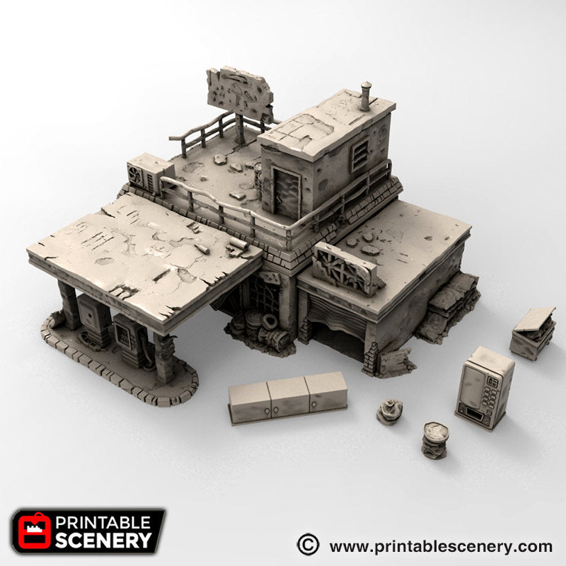 Derelict Gas Station - Brave New Worlds - Printable Scenery Wasteworld Gaslands Terrain D&D DnD - Only-Games
