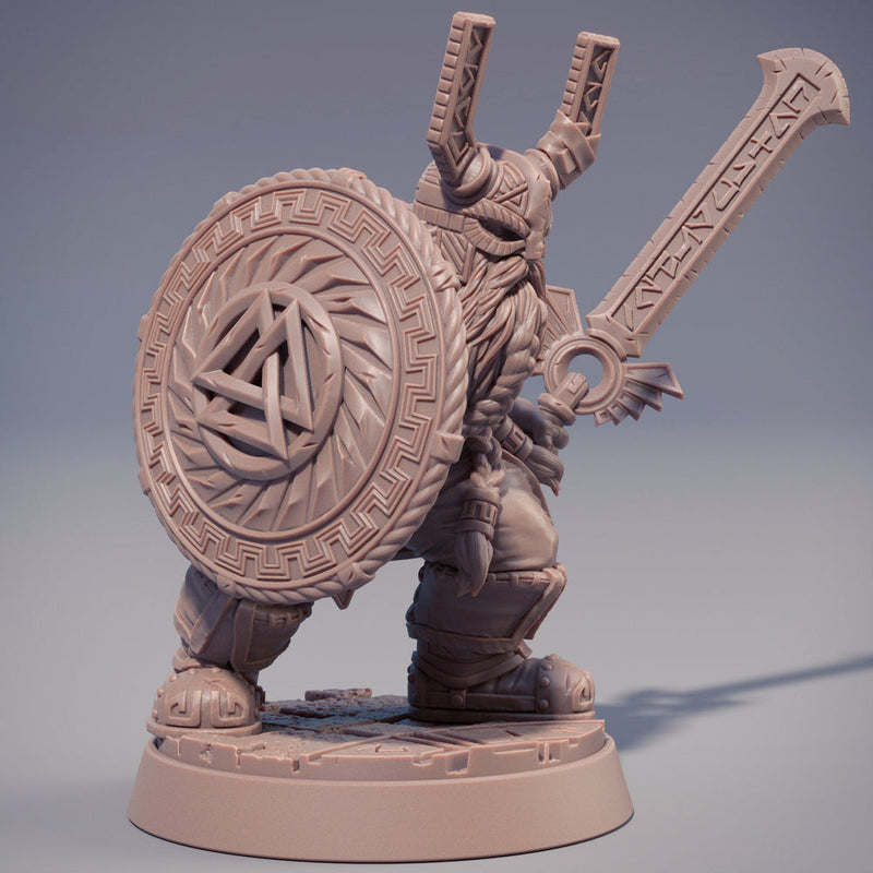 Dwarf Fighter Sword and Shield Miniature |  | Dungeons and Dragons | 28mm, 32mm,54mm, 75mm, 100mm Scales | Pathfinder | Figure for Painting - Only-Games