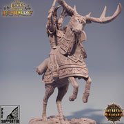 Wood Elf Fighter Mounted on Stag| Miniature | 28mm Scale | 32mm Scale |54mm | 75mm Scale | Pathfinder | DnD | Elf Figurine unpainted | - Only-Games